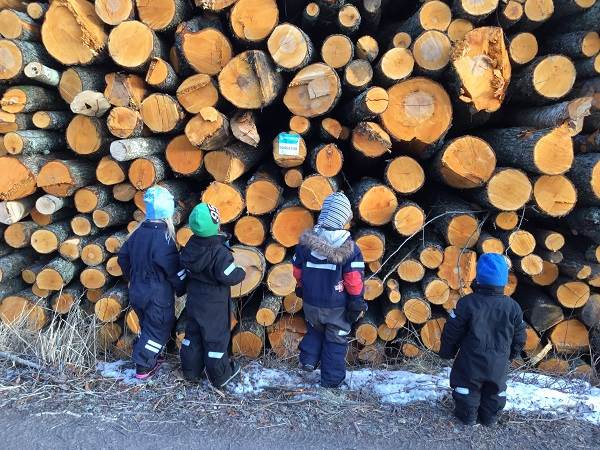 Barn leker vid timmerstockar.